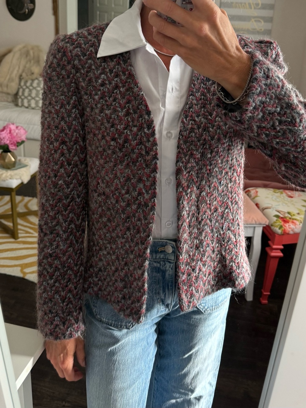 Vintage White Stag Mohair Blend Open Front Jacket Blazer USA Pink Gray Size M - Picture 2 of 10